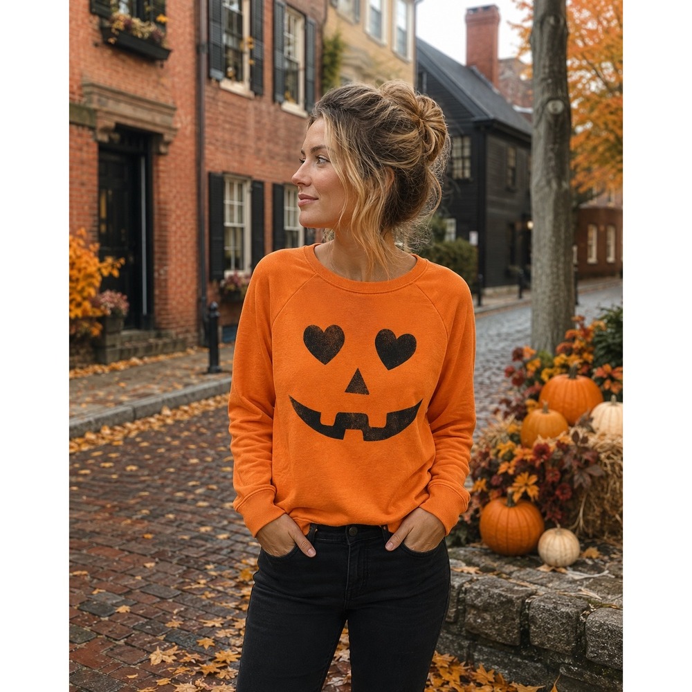 Grayson Threads Halloween Sweatshirt Medium Orange Pumpkin Heart Eyes